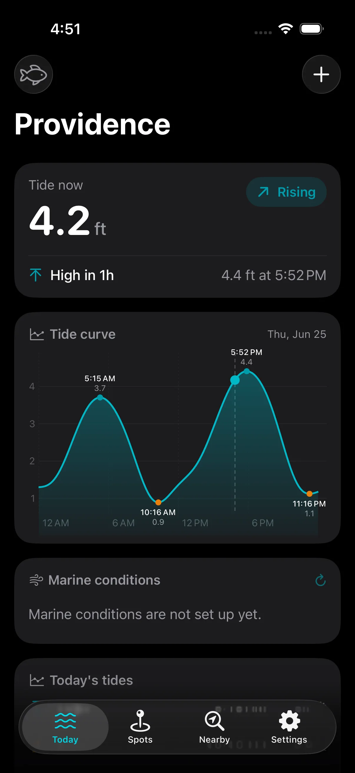 Slackwater in dark mode, with the tide curve over a true-black background